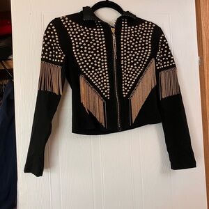 Chic Black Day G Blazer with Gold Studs and chain Fringe.